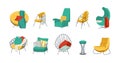 Cartoon armchairs. Comfortable home furniture for sitting. Cozy lounge chairs or stools. Room sofa with pillows and Royalty Free Stock Photo