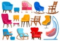 Cartoon armchairs. Modern comfortable furniture, apartment interior or office armchairs vector illustration set. Room