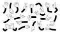 Cartoon arms. Doodle human character hands with white gloves showing simple emotions and gestures. Clipart expression