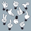 Cartoon arms. Various hands with different gesture, doodle gloved pointing hands, human point arm. Vintage vector