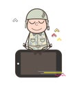 Cartoon Army Man Concentrating Over the Mobile Vector Illustration