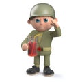 Cartoon army sergeant character in 3d holding a glass of juice and saluting Royalty Free Stock Photo