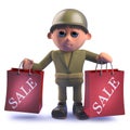Cartoon army soldier character in 3d holding two shopping sale bags
