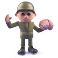 Cartoon army soldier 3d character holding a human brain