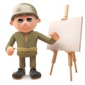 Cartoon army soldier standing by whiteboard, 3d illustration