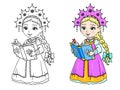 coloring page with little pretty snow princess from fairy tales