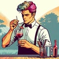 Cartoon man with rainbow hair holding glass of wine and fork