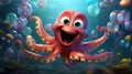 cartoon art style of a cheerful octopus juggling an array of colorful sea creatures, with a big smile on its face by AI generated