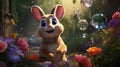 A cartoon art style image of a cheerful rabbit blowing bubbles in a garden, with colorful flowers in bloom by AI generated