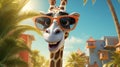 A cartoon art style image of a goofy giraffe wearing sunglasses, with its long neck wrapped around a palm tree by AI generated Royalty Free Stock Photo