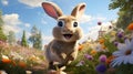 A cartoon art style image of a joyful bunny hopping through a vibrant meadow, surrounded by colorful flowers by AI generated