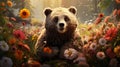 cartoon art style image of a lovable bear, surrounded by vibrant trees and flowers by AI generated
