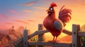 cartoon art style image of a proud rooster perched on a fence, announcing the break of dawn by AI generated