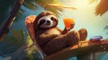 cartoon art style image of sloth lounging on a hammock, sipping a tropical drink with a tiny umbrella by AI generated