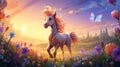 cartoon art style image of a whimsical unicorn prancing through a field of flowers by AI generated