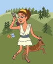 Cartoon Artemis Greek Goddess at hills background