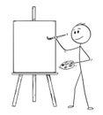 Cartoon of Artist With Brush and Palette Ready to Paint on the Canvas on Easel