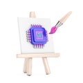 Cartoon Artist Paintbrush with Easel and AI Powered Microchip CPU Processor Web Icon. 3d Rendering