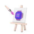 Cartoon Artist Paintbrush with Easel and AI Powered Microchip CPU Processor Web Icon. 3d Rendering