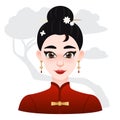 Cartoon asian beautifull woman. Black hair with flowers clip on top. Oriental illustration for web, game or advertisign