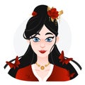 Cartoon asian beautifull woman. Long black hair with flowers clip on top. Geisha illustration forweb. game or