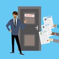 Cartoon asian businessman near door with sign- vacancy,various hands with cv resume