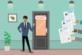 Cartoon asian businessman near door with sign- vacancy,various hands with cv resume