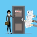 Cartoon asian businesswoman near door with sign- vacancy