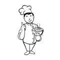 Cartoon Asian Chef or Cook Serving Bowl of Hot Soup with Number One Hand Sign Black and White Royalty Free Stock Photo