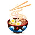 Cartoon asian cuisine delicious ramen noodles bowl. Traditional japanese dish, delicious soup with fish, egg, seaweed Royalty Free Stock Photo