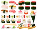 Cartoon asian cuisine rolls, sushi, sashimi dishes. Japanese oriental cuisine, seaweed, rice, fish and meat meals vector Royalty Free Stock Photo