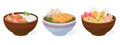 Cartoon asian food bowls. Japanese seafood, traditional asian cuisine, ramen soup and rice bowl, oriental seafood dish flat vector