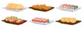 Cartoon asian food dish plates. Traditional asian cuisine, Japanese seafood, sushi rolls, dumplings and shrimps flat vector