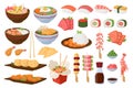 Cartoon asian food. Japanese and Korean traditional cuisine dishes, rice, ramen, tempura, sushi, onigiri and sashimi flat vector Royalty Free Stock Photo