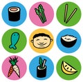 Cartoon Asian sushi food circle icon set