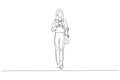 Cartoon of asian young businesswoman use smart phone while commuting in city. One continuous line art style Royalty Free Stock Photo