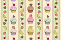 Cartoon assorted cupcakes pattern. Strawberry, chocolate lemon mint taste with frosting. Yellow turquoise pink brown