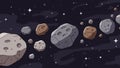 Cartoon asteroids and meteors floating in outer space illustration Royalty Free Stock Photo