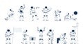 Cartoon astronaut. Astronauts characters hold flag, work with laptop, waiting and growth plant. Adventures cute flat man