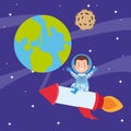 Cartoon astronaut boy in a space rocket around the planets