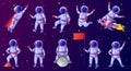 Cartoon astronaut. Cosmonaut waving hand, holding flag, dancing, sitting on moon, riding rocket. Spaceman in outer space Royalty Free Stock Photo