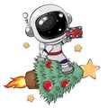 Cartoon astronaut flying on the Christmas tree