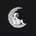 Cartoon astronaut reclining on the crescent Moon. Outer space with stars in the background. Royalty Free Stock Photo