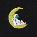 Cartoon astronaut reclining on the yellow crescent Moon. Outer space with stars in the background. Royalty Free Stock Photo