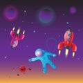Cartoon astronaut and rocket in space on an isolated background. Vector image Royalty Free Stock Photo