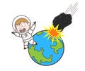 Cartoon Astronaut Running Away from Asteroid Falling on Earth Vector Illustration