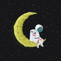 Cartoon astronaut sitting with legs dangling on the yellow crescent Moon. Outer space with stars in the background.