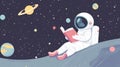 A cartoon astronaut sitting on the moon reading a book, AI Royalty Free Stock Photo
