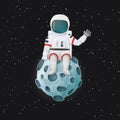 Cartoon astronaut sitting on the Moon waving. Outer space and stars in the background. Royalty Free Stock Photo