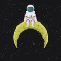 Cartoon astronaut sitting on top of the yellow crescent Moon. Outer space with stars in the background. Royalty Free Stock Photo